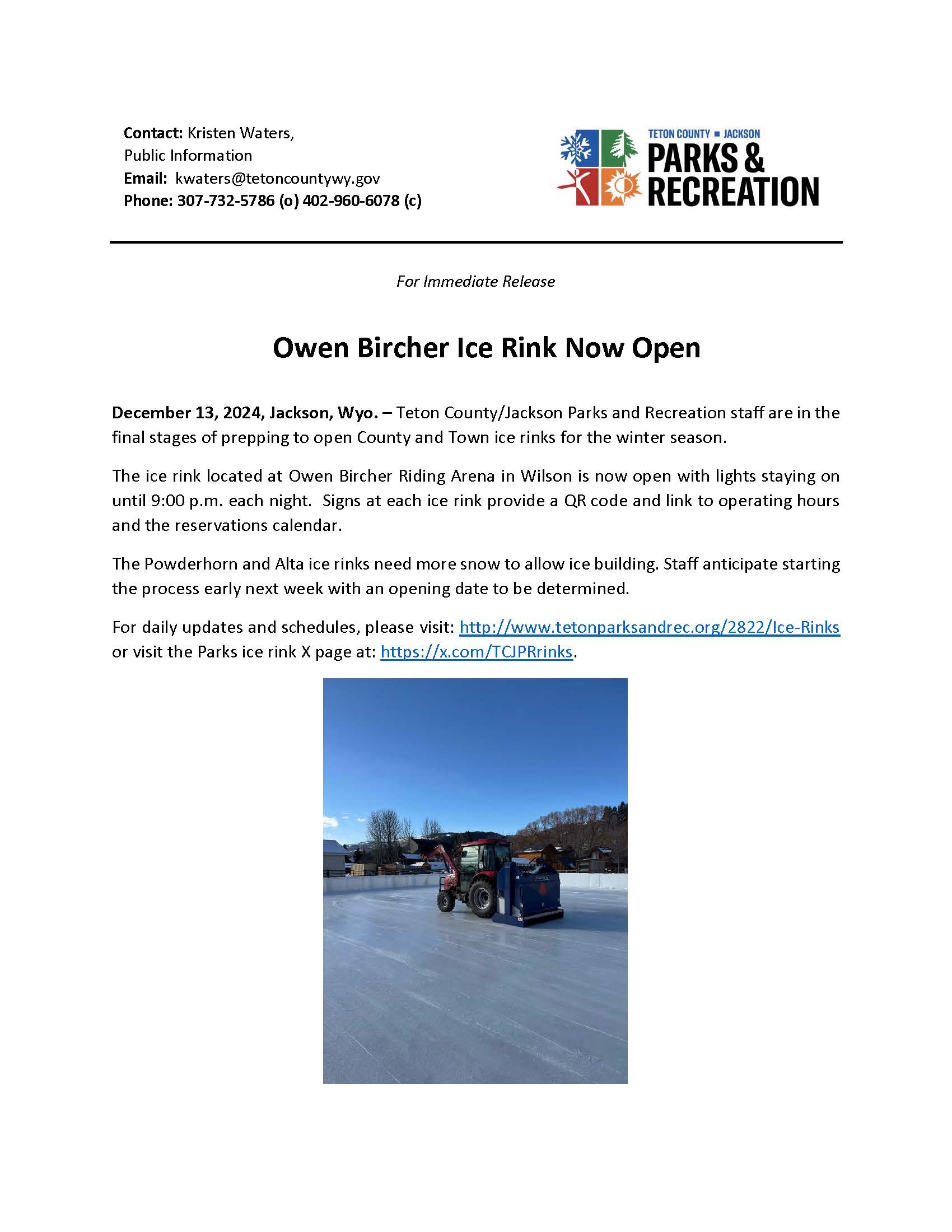 Owen Bircher Ice Rink Open for Winter 2024