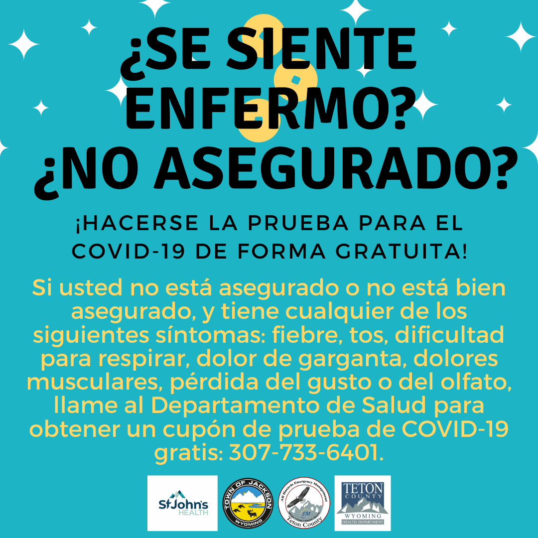 Spanish information about free Covid-19 testing for uninsured persons by St. John's